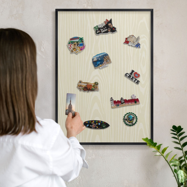 Vacation magnet board with a black frame Beige grain