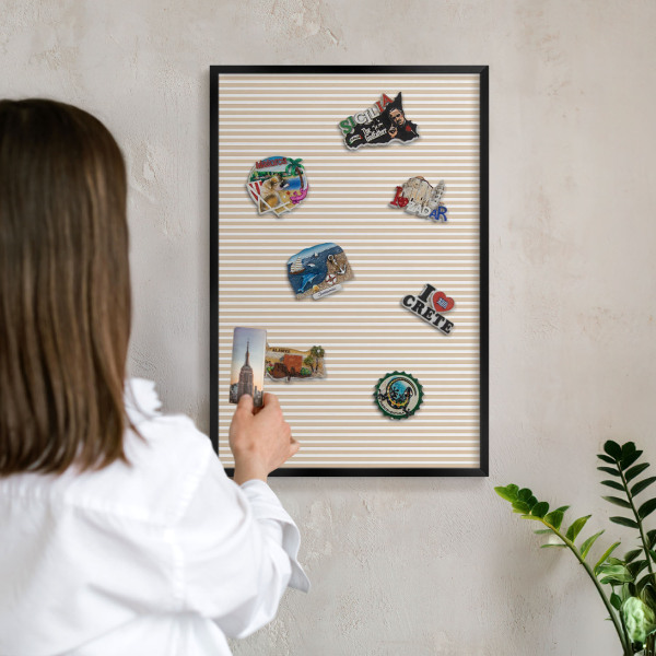 Metal wall board for magnets in a black frame Vertical stripes