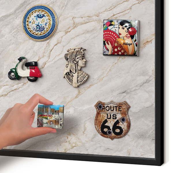 Metal wall board for magnets in a black frame Marble elegance