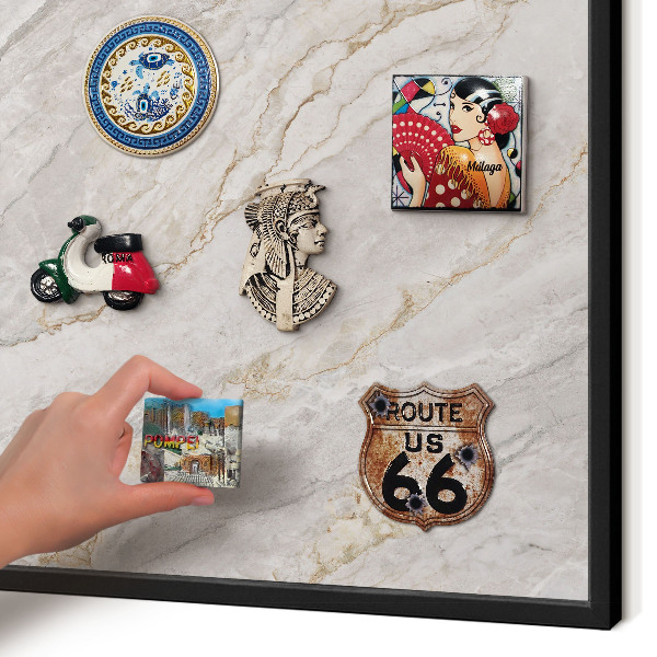 Metal wall board for magnets in a black frame Marble elegance