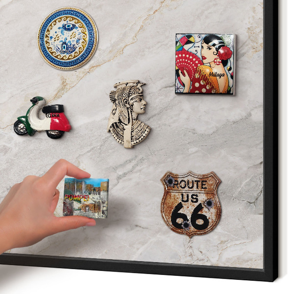 Metal wall board for magnets in a black frame Marble elegance