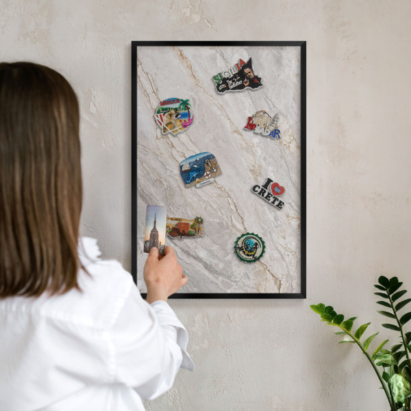 Metal wall board for magnets in a black frame Marble elegance