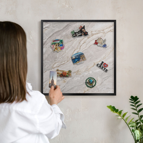 Metal wall board for magnets in a black frame Marble elegance