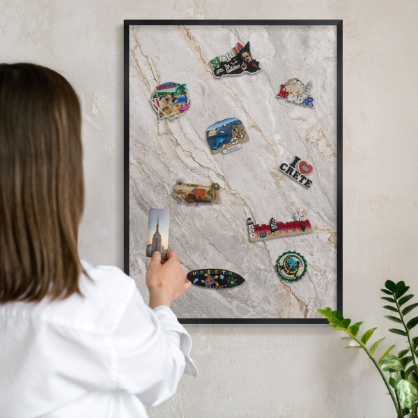 Metal wall board for magnets in a black frame Marble elegance