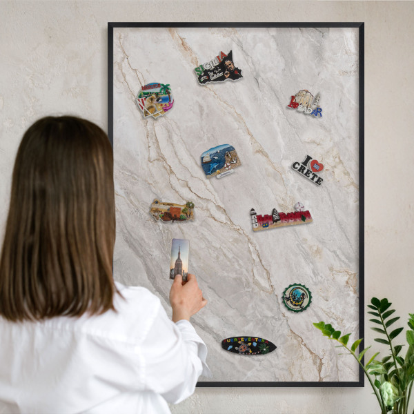 Metal wall board for magnets in a black frame Marble elegance