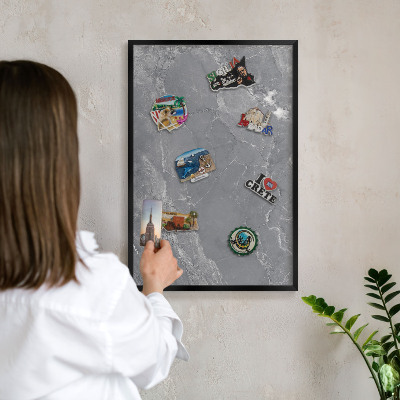 Vacation magnet board with a black frame Gray marble