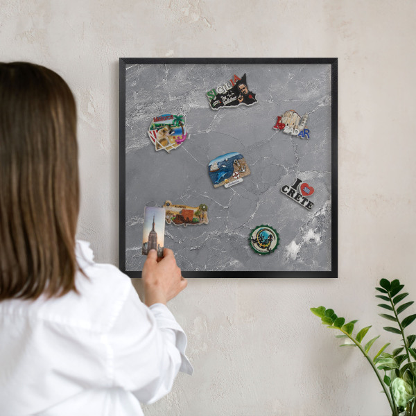 Vacation magnet board with a black frame Gray marble