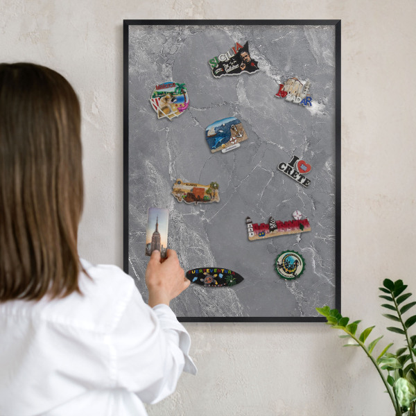 Vacation magnet board with a black frame Gray marble