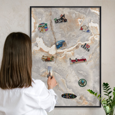Vacation magnet board with a black frame Marble elegance