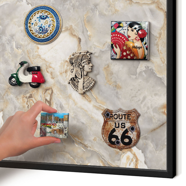 Metal wall board for magnets in a black frame Marble elegance