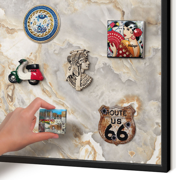 Metal wall board for magnets in a black frame Marble elegance