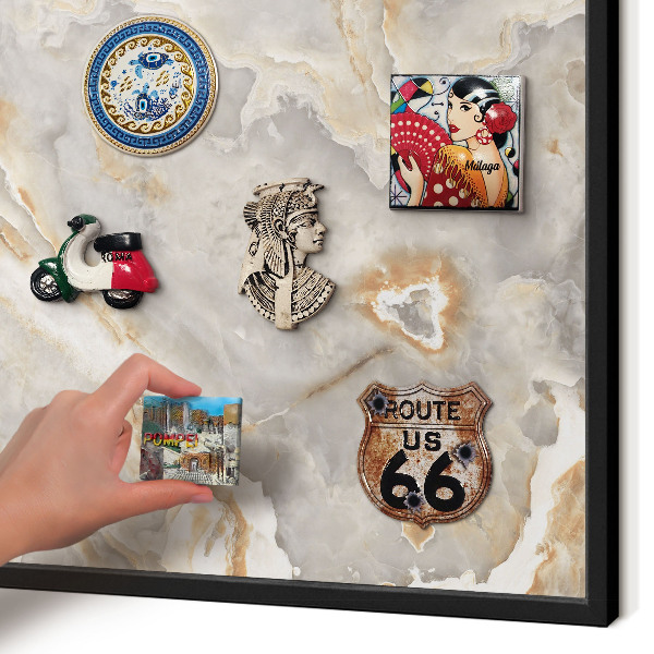 Metal wall board for magnets in a black frame Marble elegance