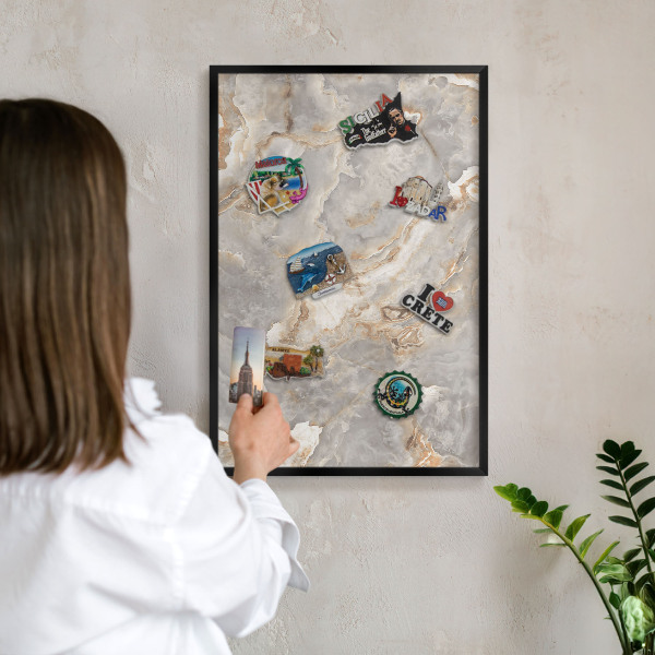 Metal wall board for magnets in a black frame Marble elegance