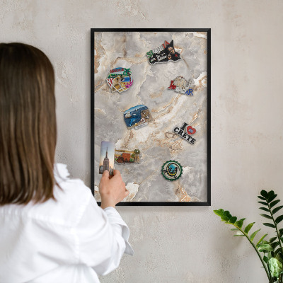 Metal wall board for magnets in a black frame Marble elegance