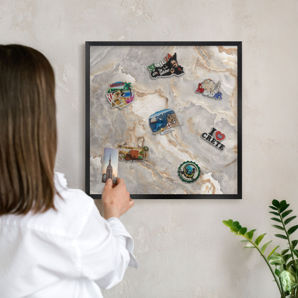 Metal wall board for magnets in a black frame Marble elegance