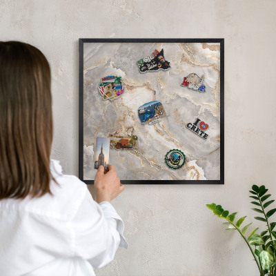 Metal wall board for magnets in a black frame Marble elegance