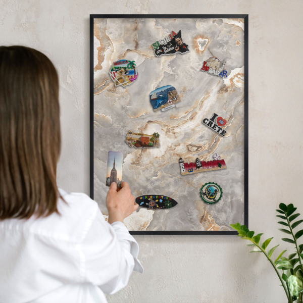 Metal wall board for magnets in a black frame Marble elegance