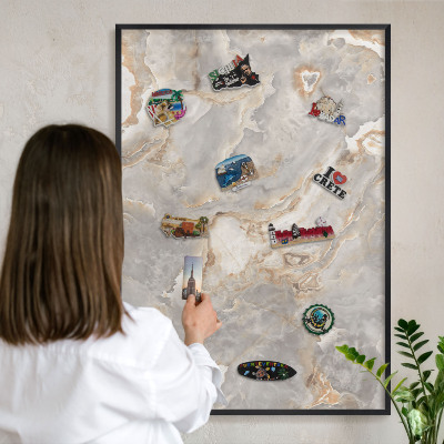 Metal wall board for magnets in a black frame Marble elegance
