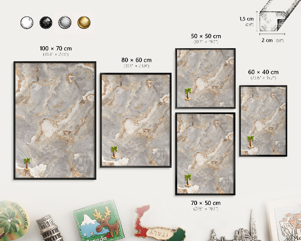 Metal wall board for magnets in a black frame Marble elegance