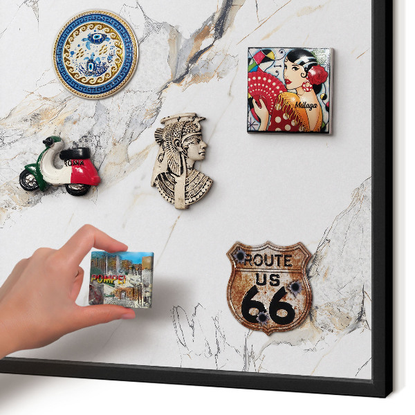 Metal wall board for magnets in a black frame Marble effect