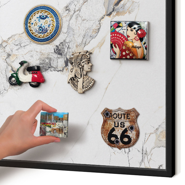 Metal wall board for magnets in a black frame Marble effect