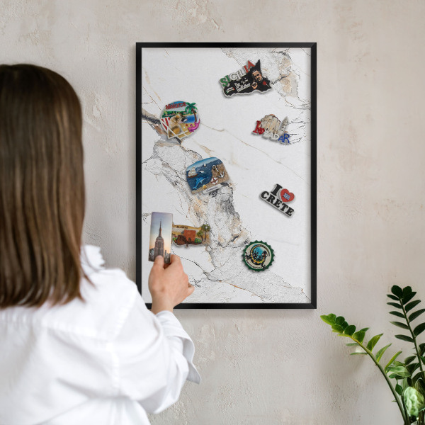Metal wall board for magnets in a black frame Marble effect
