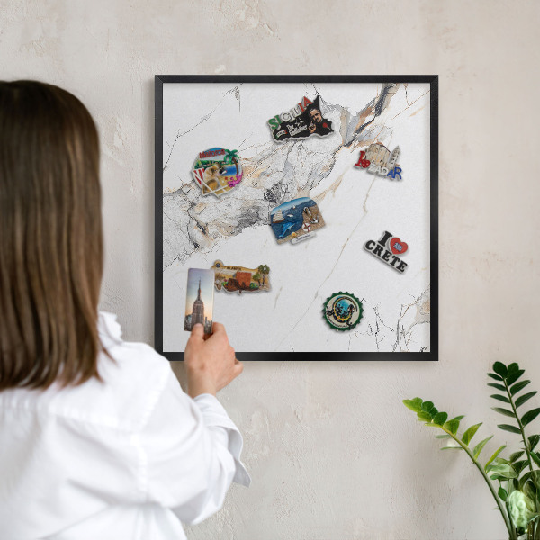 Metal wall board for magnets in a black frame Marble effect