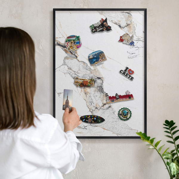 Metal wall board for magnets in a black frame Marble effect