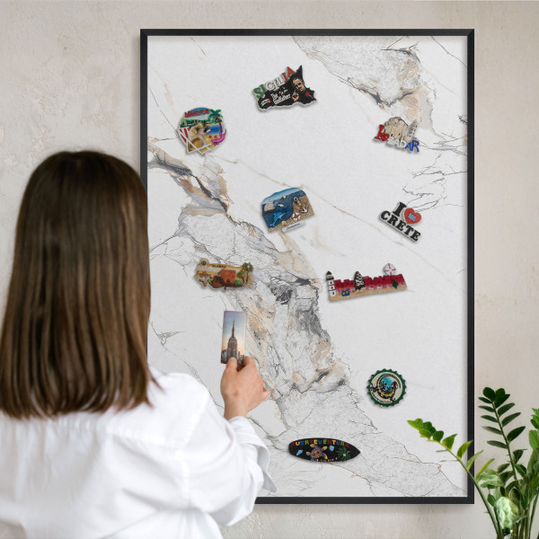 Metal wall board for magnets in a black frame Marble effect