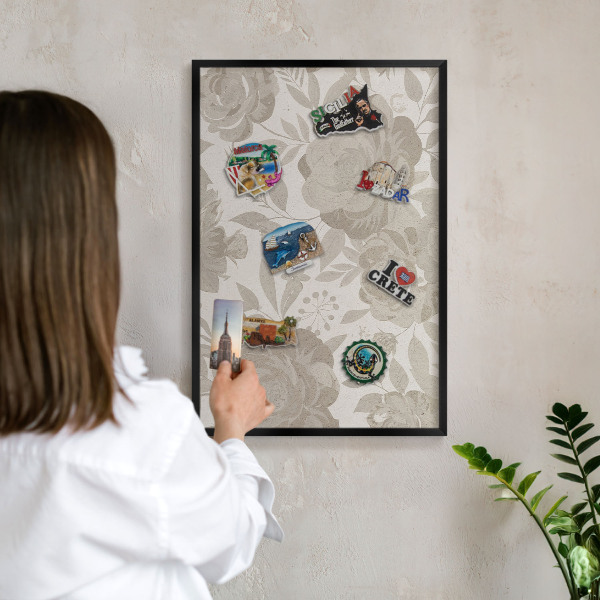 Metal wall board for magnets in a black frame Vintage flowers