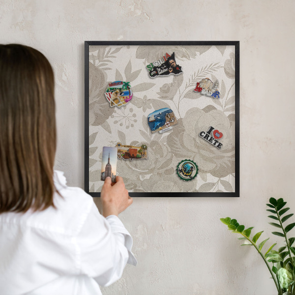 Metal wall board for magnets in a black frame Vintage flowers