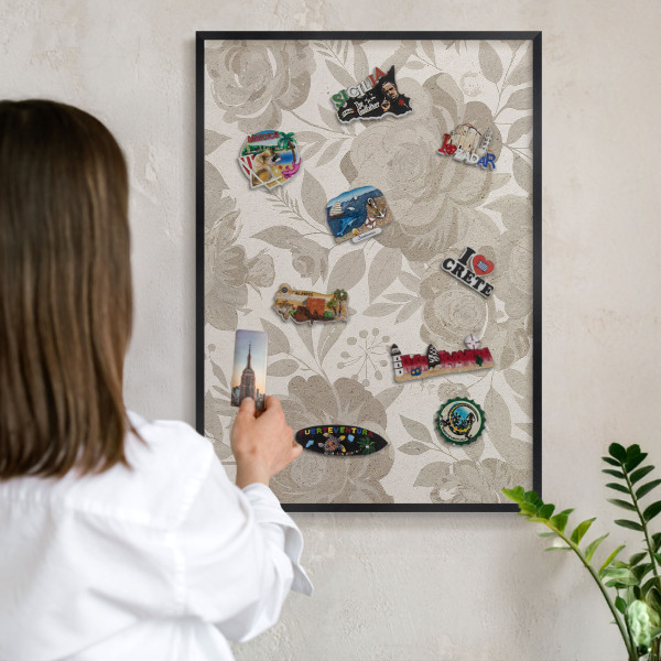 Metal wall board for magnets in a black frame Vintage flowers