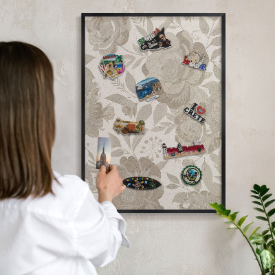 Metal wall board for magnets in a black frame Vintage flowers