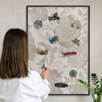 Metal wall board for magnets in a black frame Vintage flowers