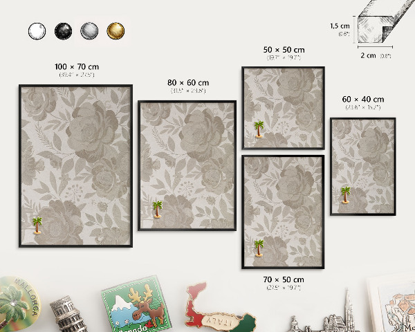 Metal wall board for magnets in a black frame Vintage flowers