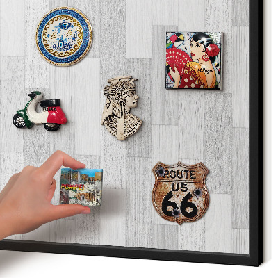 Vacation magnet board with a black frame Wooden texture