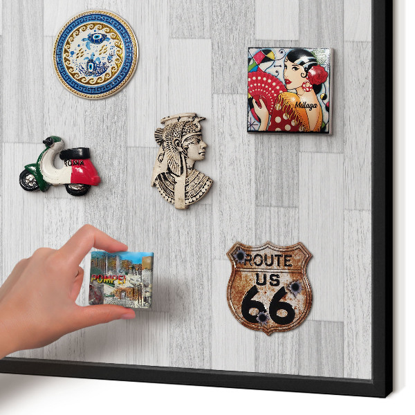 Vacation magnet board with a black frame Wooden texture