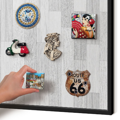Vacation magnet board with a black frame Wooden texture