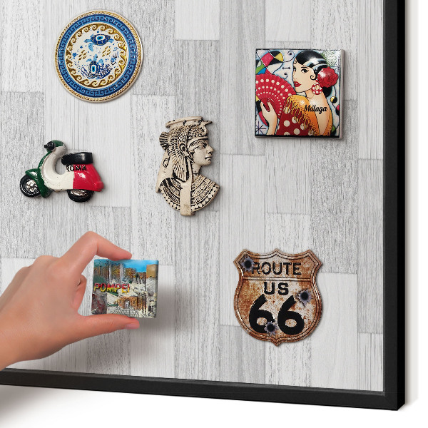 Vacation magnet board with a black frame Wooden texture
