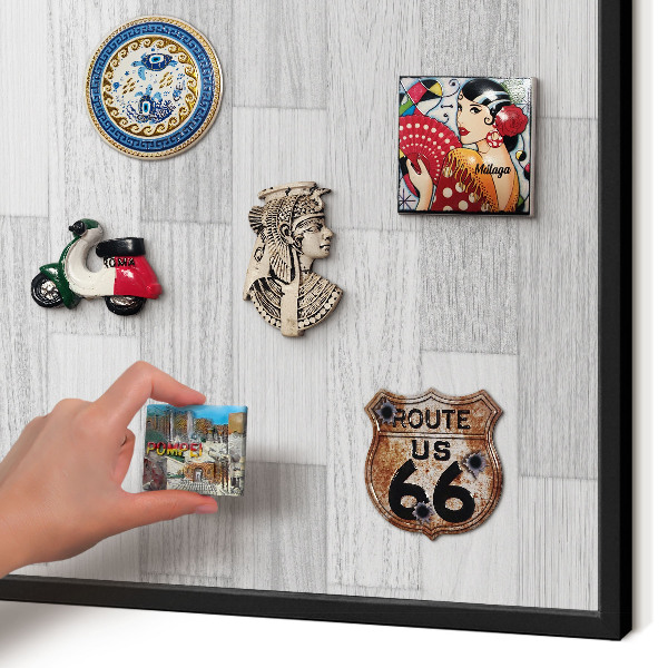 Vacation magnet board with a black frame Wooden texture