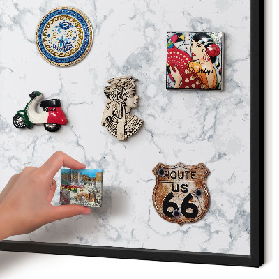 Metal wall board for magnets in a black frame Marble aesthetics