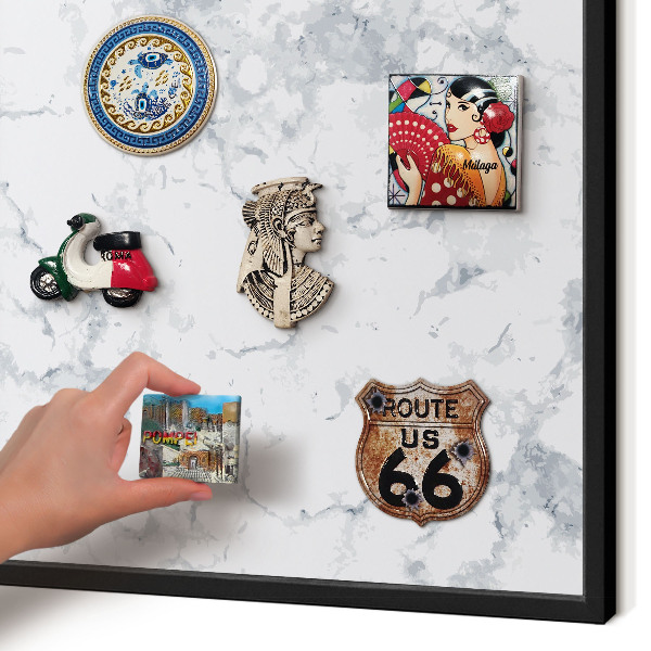 Metal wall board for magnets in a black frame Marble aesthetics