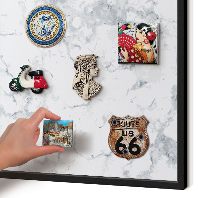 Metal wall board for magnets in a black frame Marble aesthetics