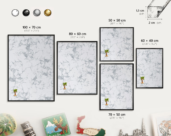 Metal wall board for magnets in a black frame Marble aesthetics