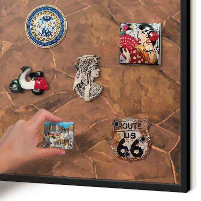 Metal wall board for magnets in a black frame Stone structure