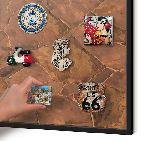 Metal wall board for magnets in a black frame Stone structure