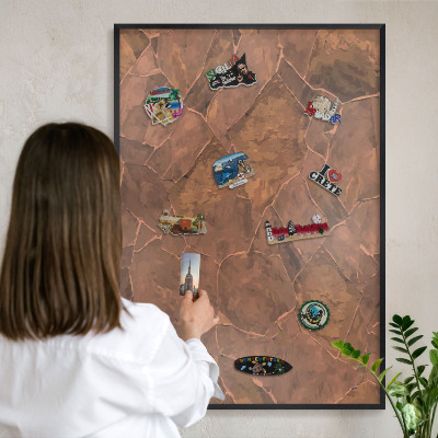 Metal wall board for magnets in a black frame Stone structure