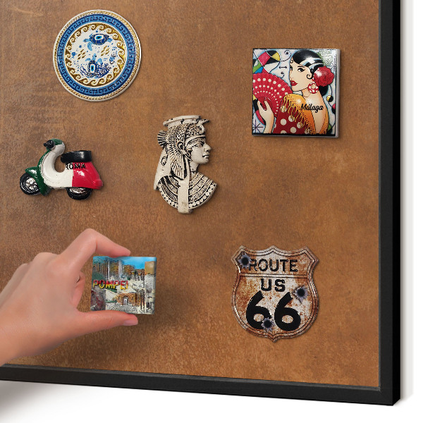 Metal wall board for magnets in a black frame Brown texture