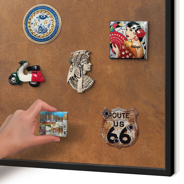 Metal wall board for magnets in a black frame Brown texture