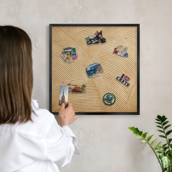 Metal wall board for magnets in a black frame Structural lines